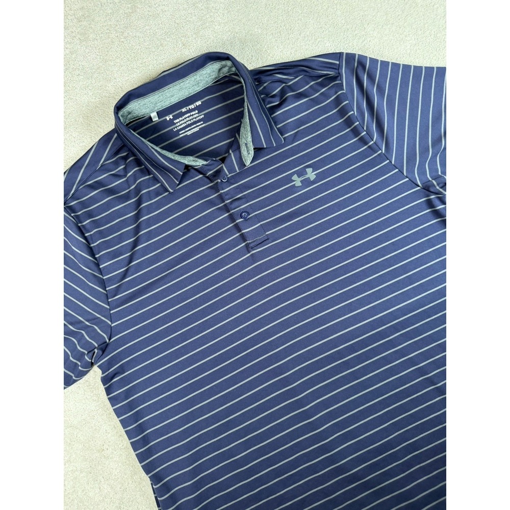 Under Armour The Playoff Polo Shirt Men's XL Navy Blue Striped Loose Fit Golf
